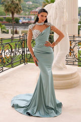 Long Mermaid High Neck Satin Beaded Court Train Formal Prom Dresses with Sleeves