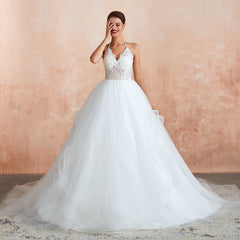 Long Ball Gown Halter Open Back Appliques Tulle Wedding Dress