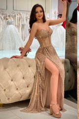 Champagne Long Mermaid Sweetheart Sequined Prom Dress with Split
