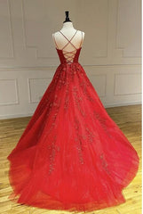 Long A-line Tulle Lace Backless Prom Dress