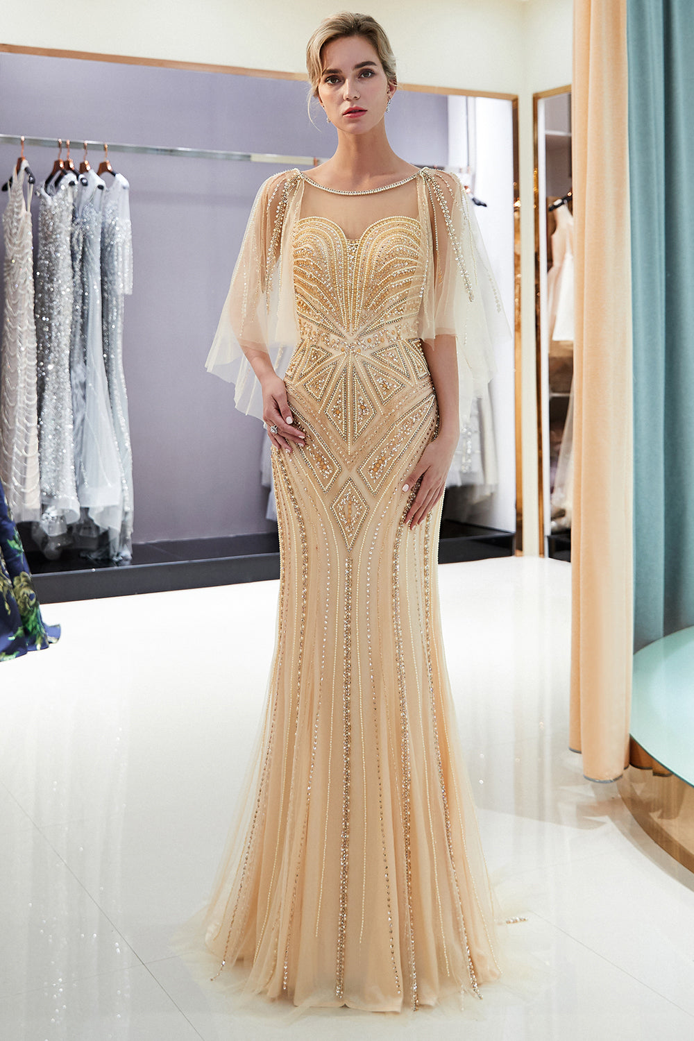 Chic Long Jewel Tulle Mermaid Backless Evening Formal Dresses with Sleeves