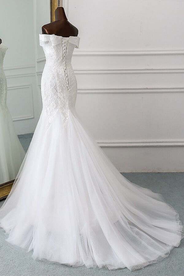 Long Off Shoulder Appliques Lace Tulle Mermaid Wedding Dress