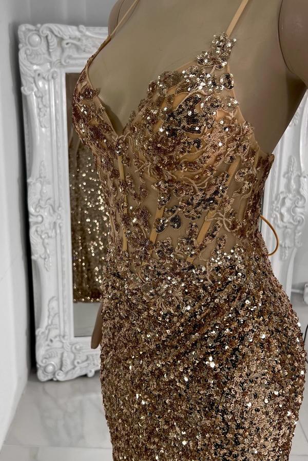 Mermaid Long Spaghetti Straps V Neck Backless Prom Dress with Slit