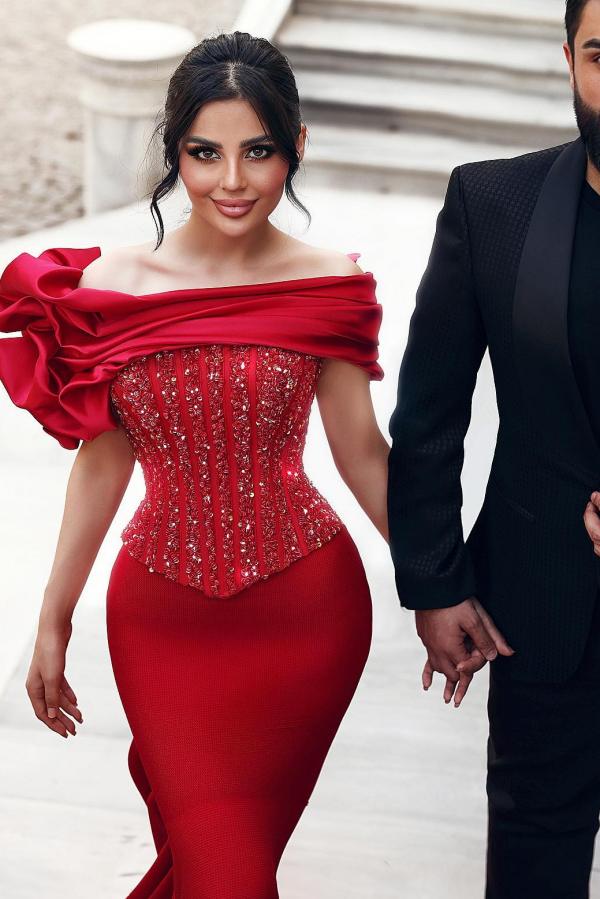 Burgundy Long Mermaid Off the Shoulder Satin Beaded Formal Prom Dresses