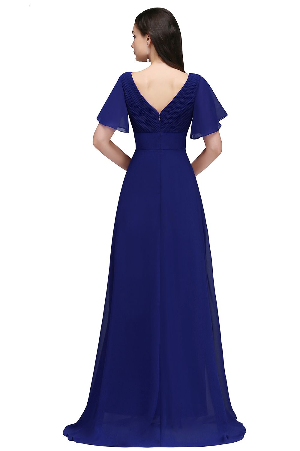 A-line Ruffle Chiffon V-Neck Long Bridesmaid Dress with Sleeves