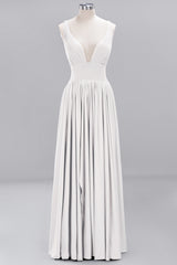 A-Line V-Neck Sleeveless Long Ruffles Bridesmaid Dress