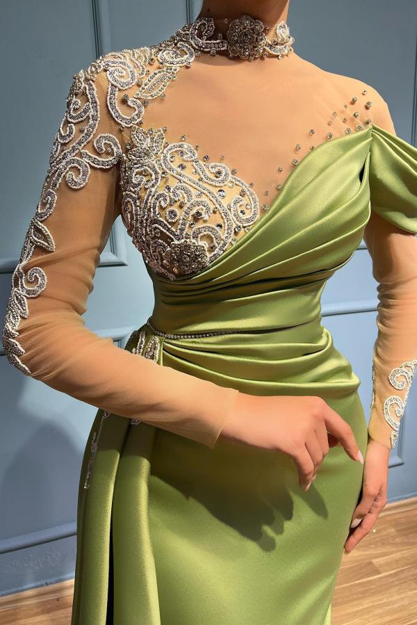 Elegant Long Mermaid High Neck Satin Lace Formal Dresses with Sleeves