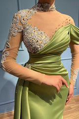 Elegant Long Mermaid High Neck Satin Lace Formal Dresses with Sleeves