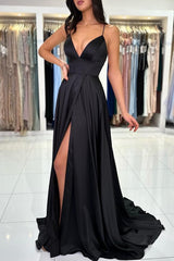 Black Long A-line V-neck Satin High Slit Backless Prom Dresses