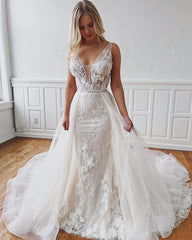 Long Straps V-Neck Lace Mermaid Wedding Dress with Detachable Train