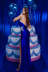 Royal Blue Long Mermaid Sweetheart Satin Formal Prom Dresses With Slit