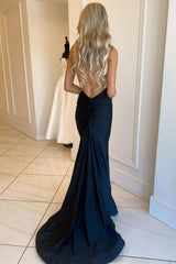 Open Back Halter V-Neck Satin Mermaid Long Prom Dress
