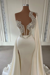 Ivory Long Mermaid One Shoulder Beading Satin Formal Prom Dresses with Slit