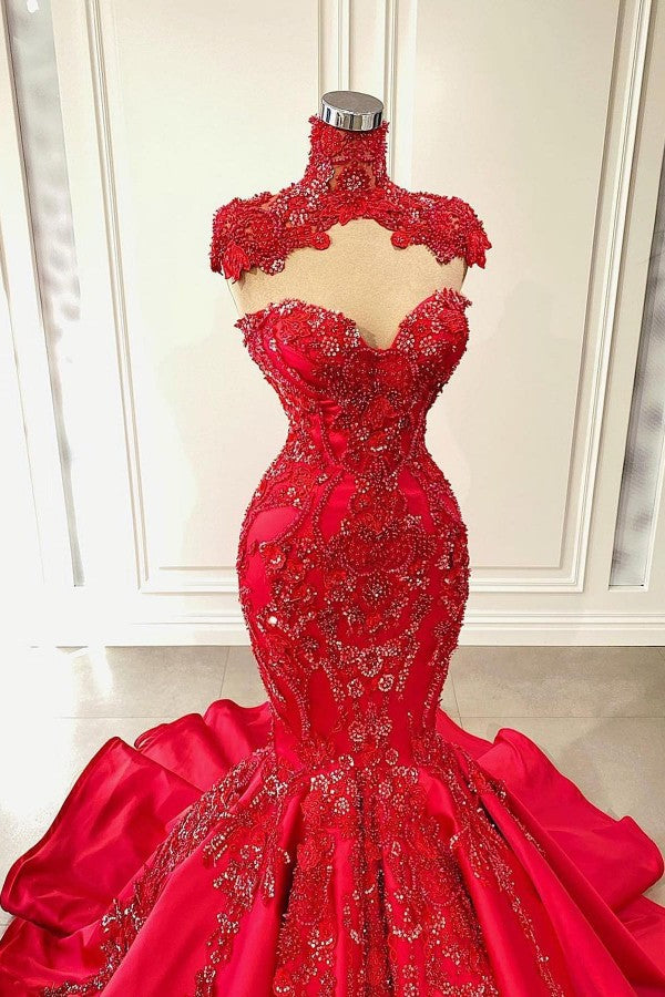 Long Mermaid High Neck Sweetheart Satin Lace Evening Formal Dresses