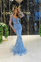 Gorgeous Long Sleeves Mermaid V-neck Beads Lace Formal Dress with Tulle Overskirt