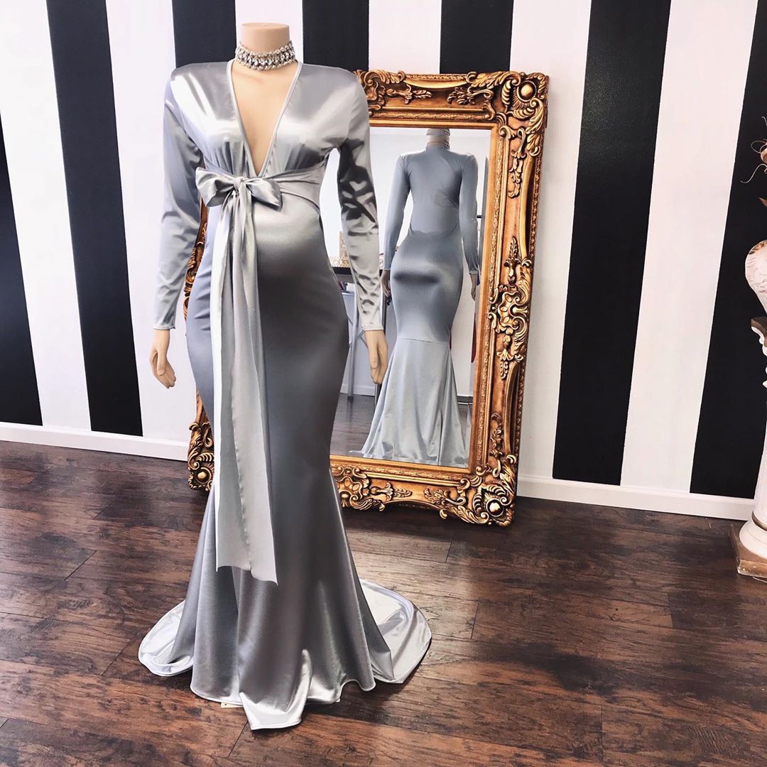 Elegant Long Mermaid V-neck Pregnant Formal Dresses with Sleeves