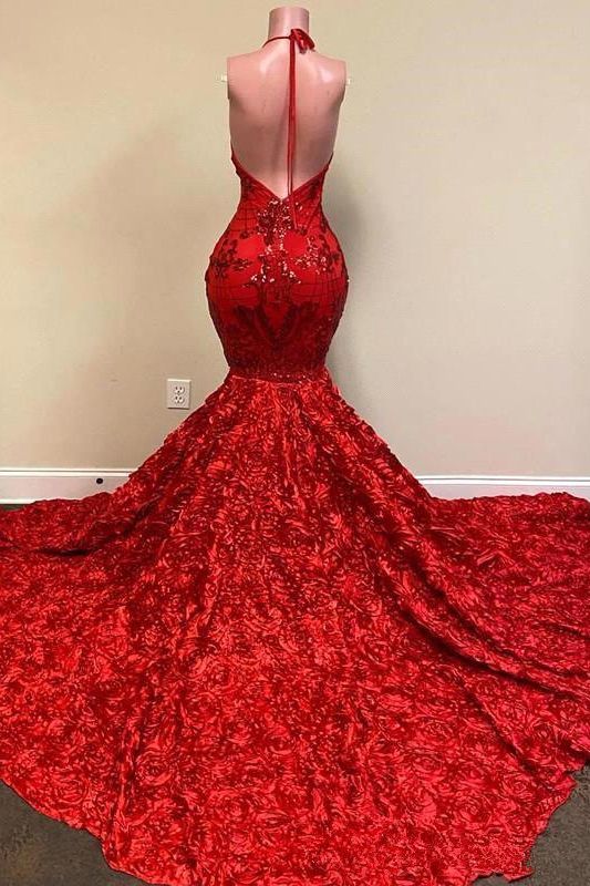 Long Mermaid Halter Spaghetti Strapes Floral Lace Backless Prom Dress