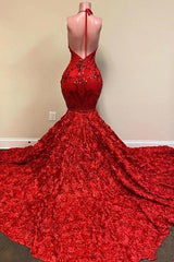 Long Mermaid Halter Spaghetti Strapes Floral Lace Backless Prom Dress
