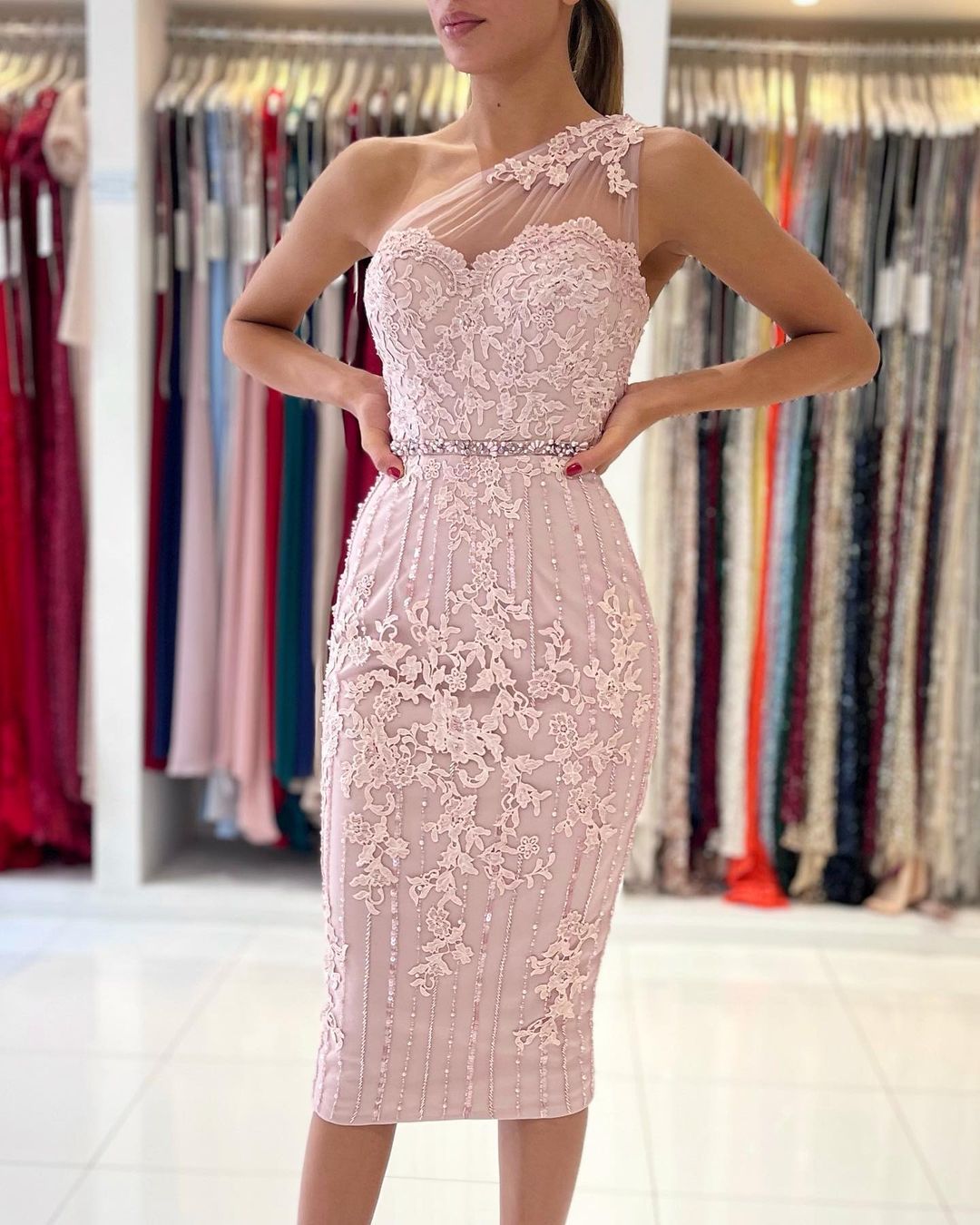 Simple Short Mermaid One Shoulder Floral Lace Slim Formal Party Dress