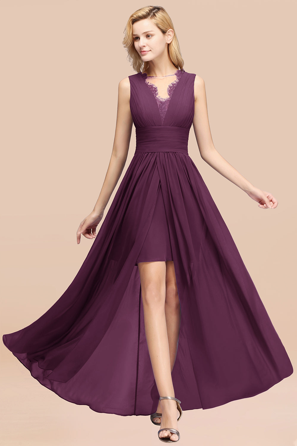 Lace Chiffon Jewel Sleeveless Ruffles Short Bridesmaid Dress