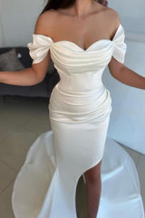 Unique Mermaid Off the Shoulder Sweetheart Satin Long Wedding Dress with High Split