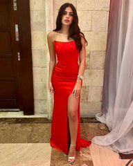 Simple Red Long Mermaid Strapless Satin Prom Dress with Slit