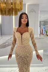 Mermaid Long Sleeves Sweetheart Tulle Prom Dress with Detachable Train