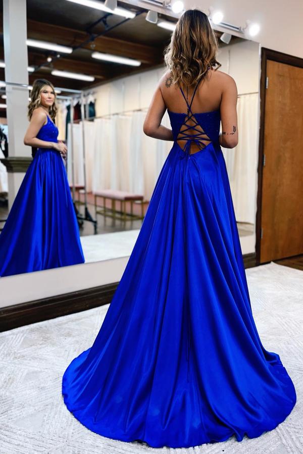 Royal Blue Long A-line V-neck Fornt Slit Backless Prom Dresses with Pockets