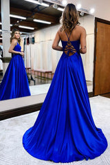 Royal Blue Long A-line V-neck Fornt Slit Backless Prom Dresses with Pockets