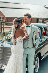 Beautiful Long Mermaid Off the Shoulder Tulle Lace Backless Wedding Dress
