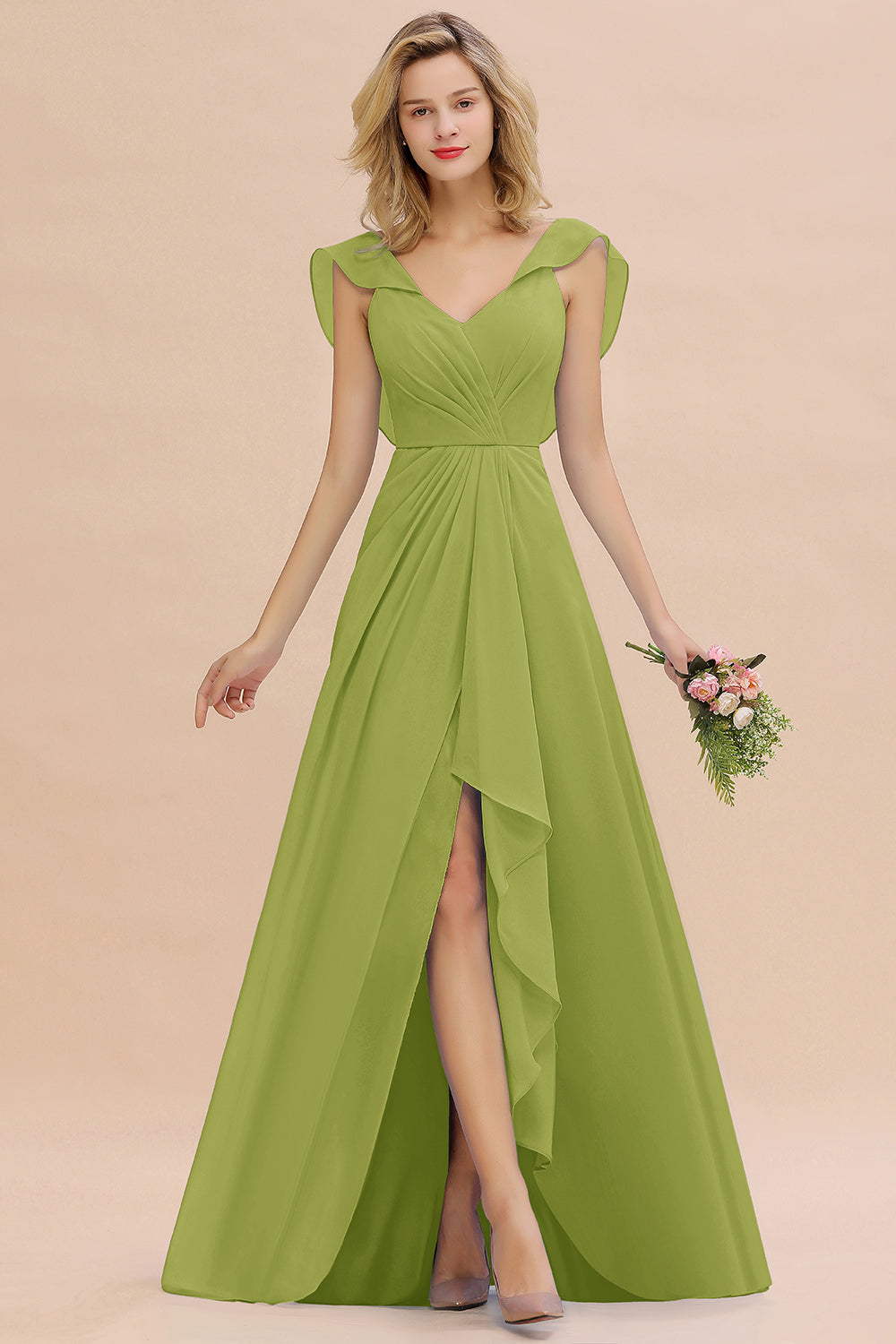 Simple High Low A-line V-Neck Ruffles Chiffon Bridesmaid Dress