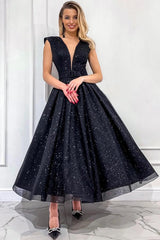Sequin V Neck Open Back Long A Line Tulle Party Dress