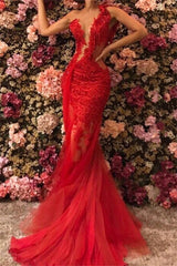 Red Long Mermaid One Shoulder Tulle Lace Backless Prom Dress