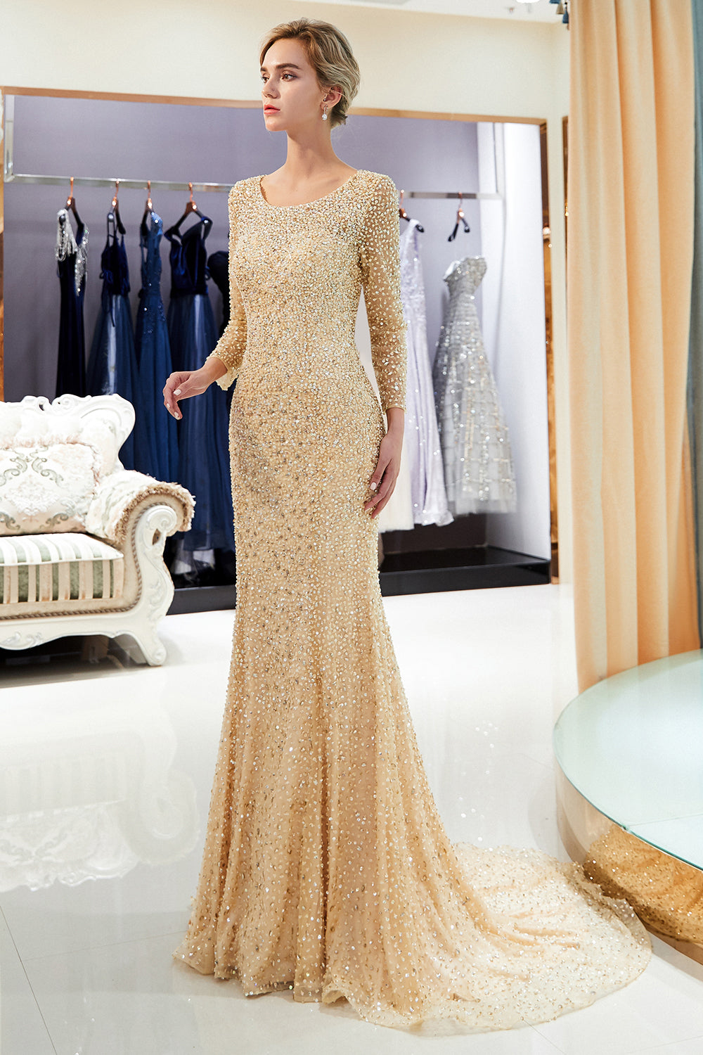 Long Sleeve Mermaid Floor Length Sequins Formal Party Dresses
