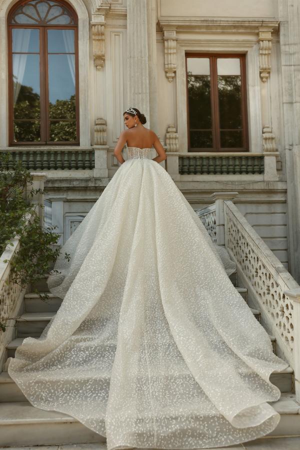 Strapless Ball Gown Backless Long Appliques Tulle Wedding Dress with Beads