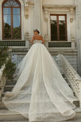 Strapless Ball Gown Backless Long Appliques Tulle Wedding Dress with Beads
