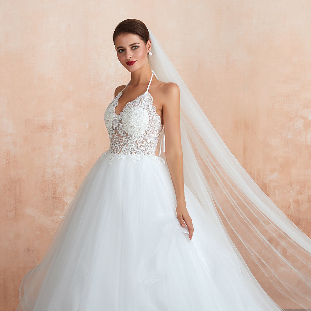 Long Ball Gown Halter Open Back Appliques Tulle Wedding Dress