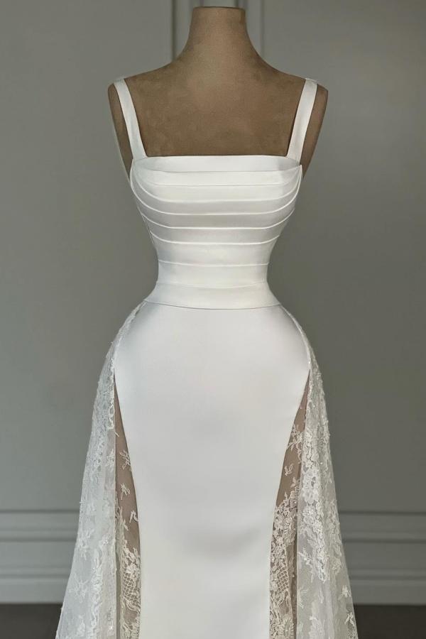 Spaghetti Straps Mermaid Satin Lace Long White Prom Dress