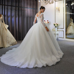 Gorgeous Long Ball Gown Bateau Long Sleeve Appliques Lace Sequins Floor Length Wedding Dress