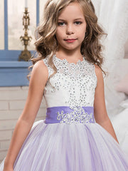 Long Ball Gown Tulle Lace Jewel Neck Pageant Flower Girl Dresses With Bow(S)