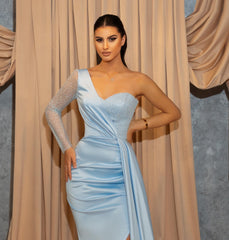 Long Sleeves Mermaid One Shoulder Sweetheart Prom Dress with Slit