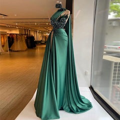 Dark Green Long High Neck One Shoulder Mermaid Beaded Prom Dress with Slit