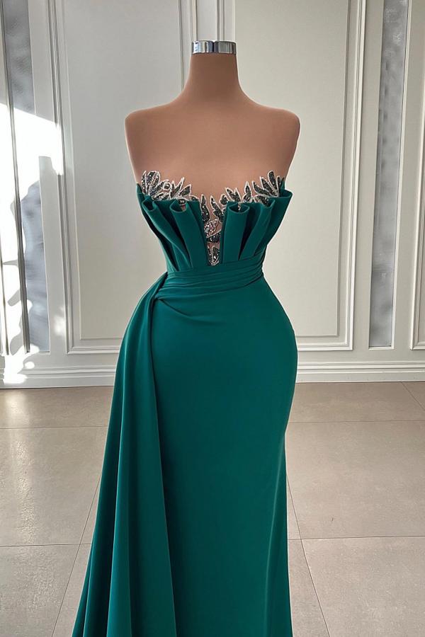 Elegant Long Mermaid Strapless Floor Length Sleeveless Satin Prom Dress with Ruffles