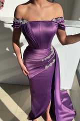 Gorgeous Long Mermaid Off the Shoulder Satin Formal Dress with slit