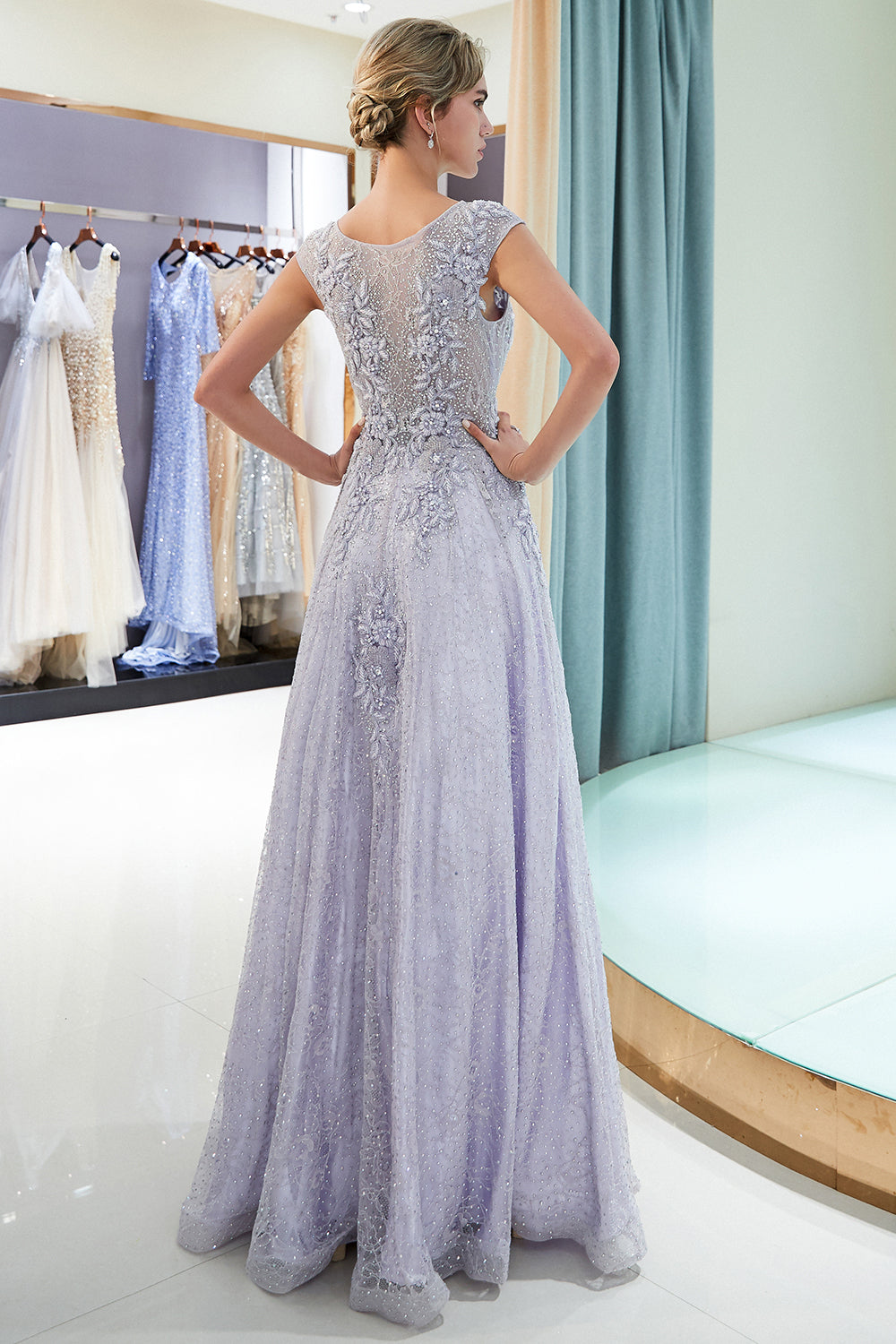 Long Jewel Tulle A-line Sleeveless Lace Floor Length Formal Evening Dresses