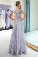 Long Jewel Tulle A-line Sleeveless Lace Floor Length Formal Evening Dresses