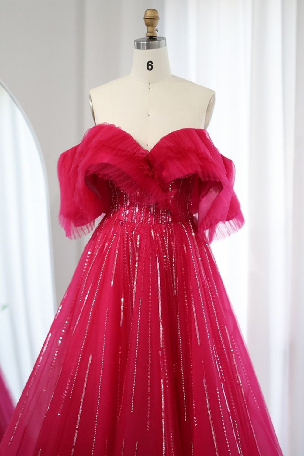 Charming Long A-line Off the Shoulder Sequins Tulle Formal Prom Dresses
