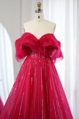 Charming Long A-line Off the Shoulder Sequins Tulle Formal Prom Dresses