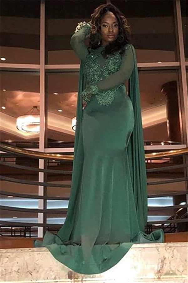 Elegant Long Jewel Satin Mermaid Prom Dress with Sleeves