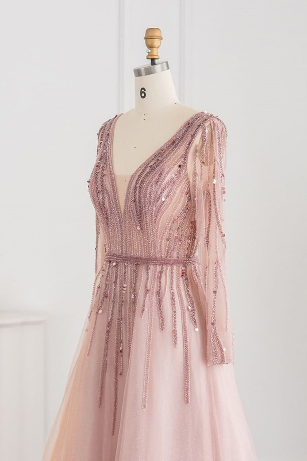 Long A-line V-neck Sequins Beading Tulle Formal Prom Dresses with Sleeves